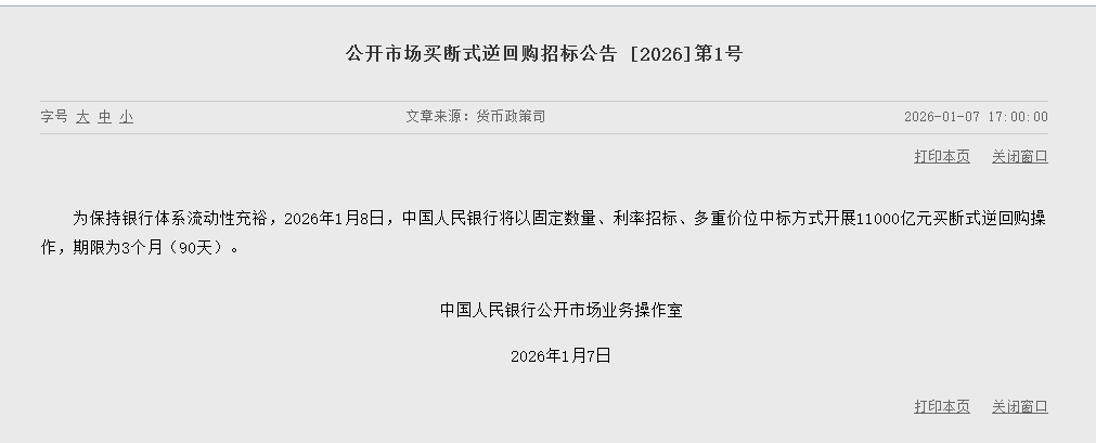 央行将于1月8日开展11000亿元买断式逆回购操作