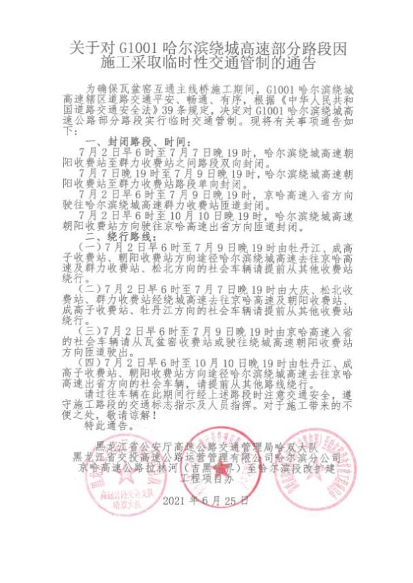 【哈站疫情期间最新通告/今天去哈尔滨的高速封了吗】